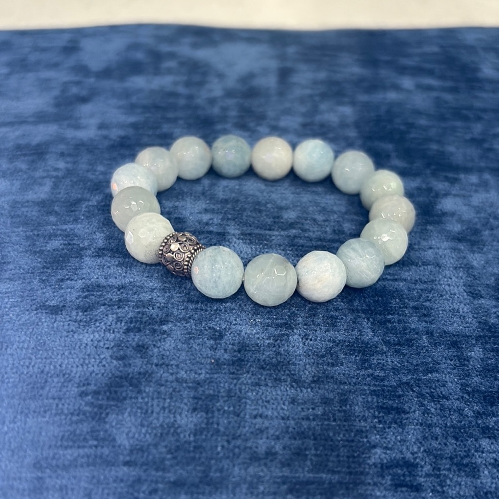 Elegant Blue & Silver Gemstone Bracelet with Aquamarine Beads! Fits Small wrist!